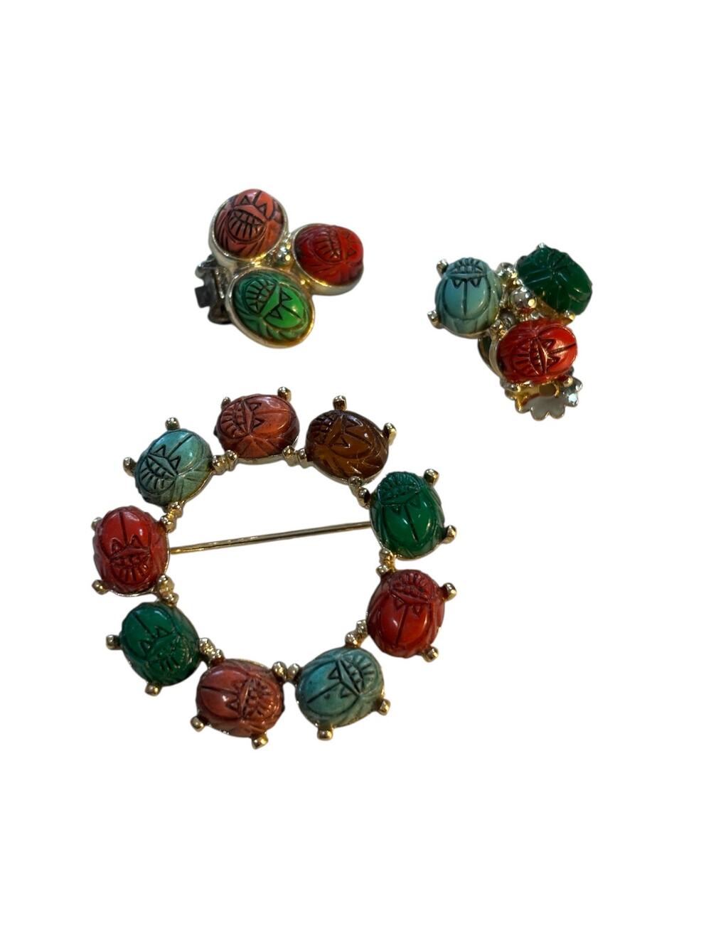 Vintage Scarab Brooch Earring Set Colorful Resin Egyptian Revival Gold Tone